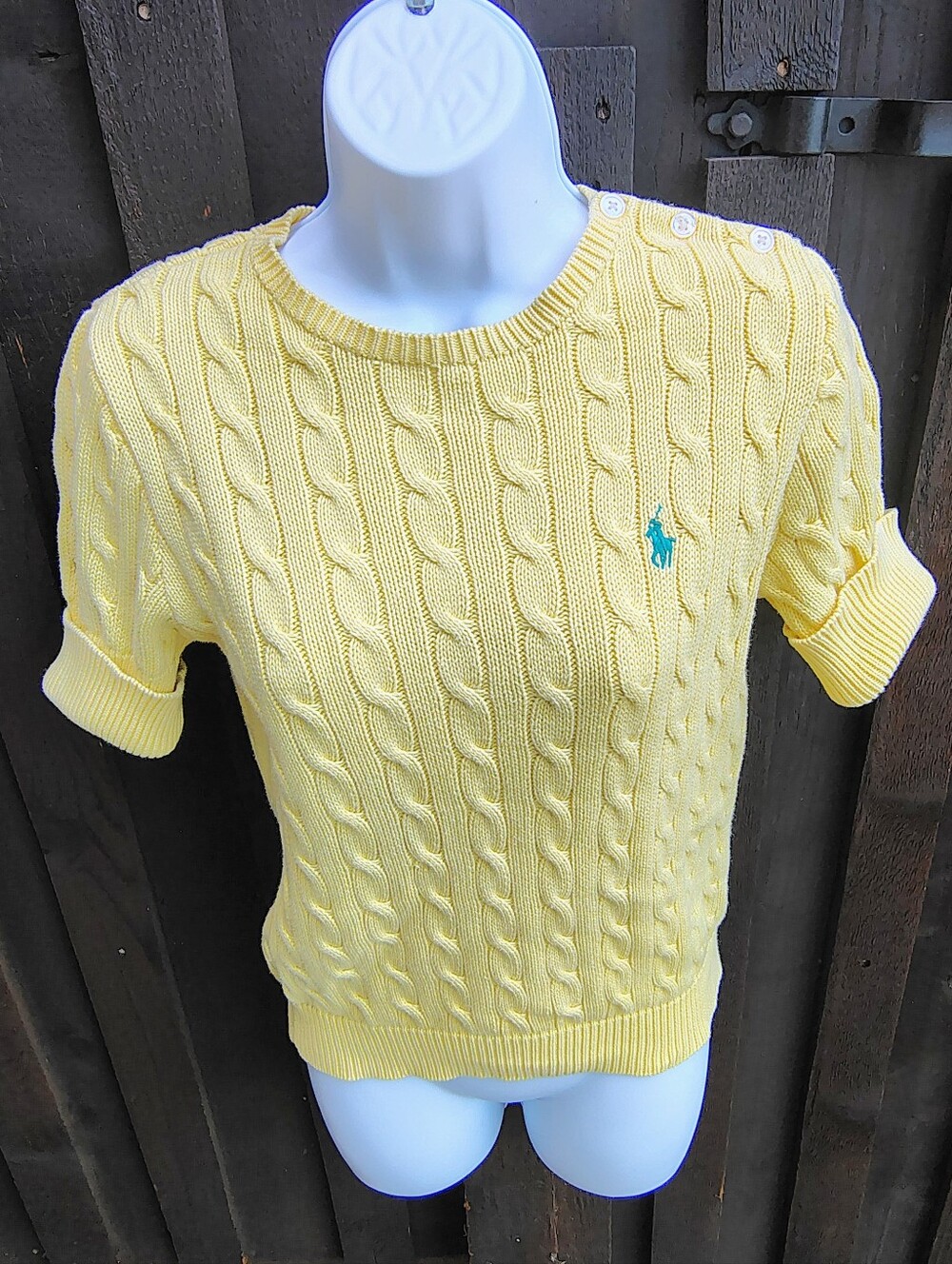 Ralph Lauren Soft Yellow Cable-Knit Short Sleeve Sweater With Shoulder Buttons